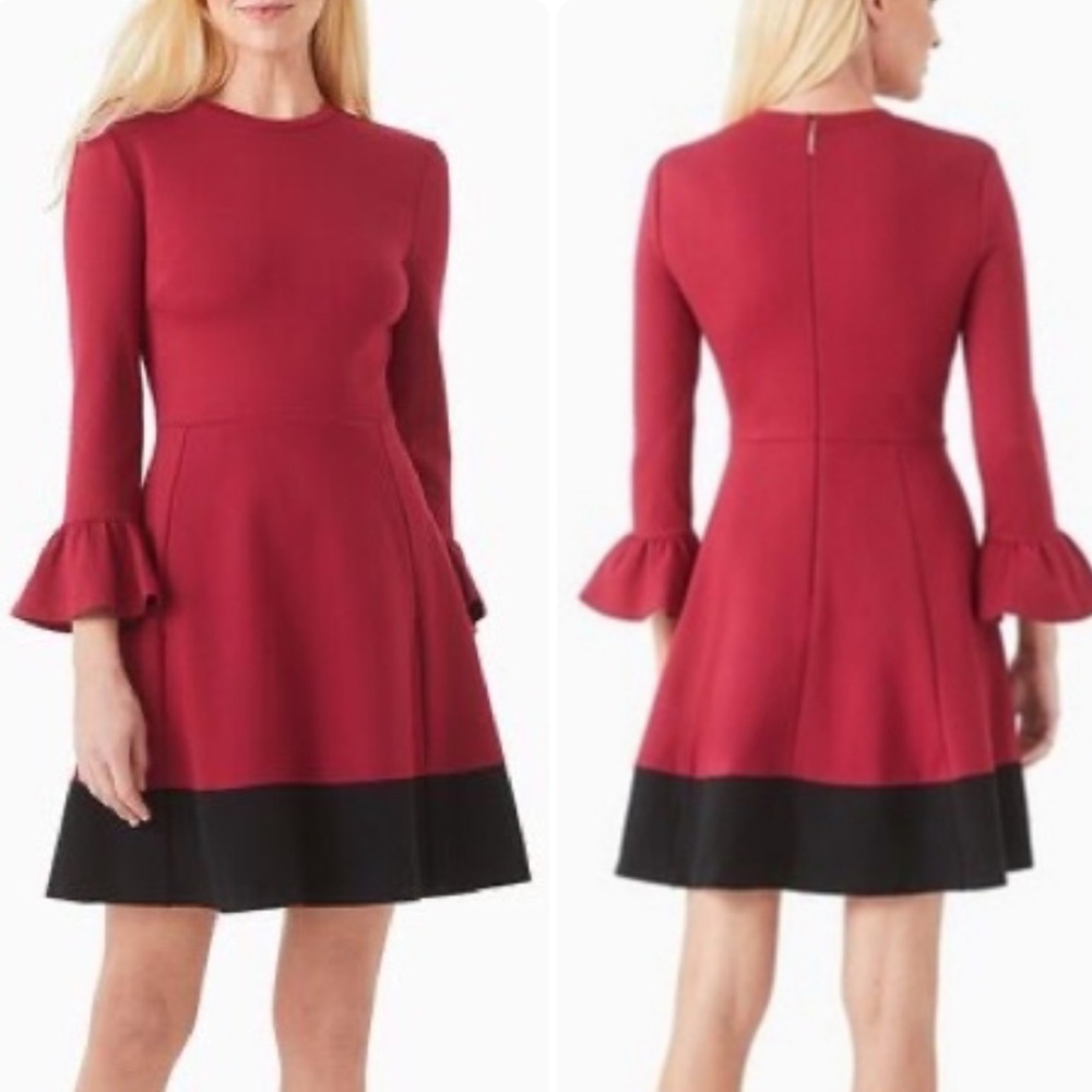 Kate Spade New York Burgundy & Black Flounce Sleeve Fit and Flare Dress XS NWOT